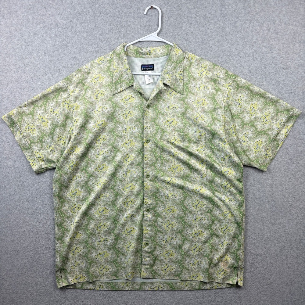 Patagonia Inyo Rhythm Shirt Mens XL Green Abstract Floral Camp Loop Collar Y2K